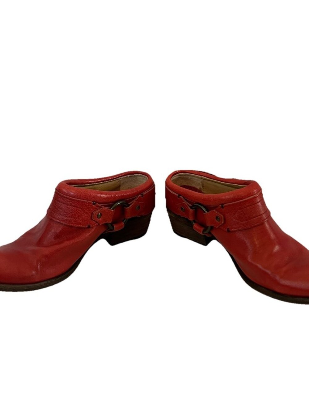 Frye Red Leather Harness Mules 9 Womens Biker Moto Almond Toe Slip On Low Heel - Picture 8 of 11